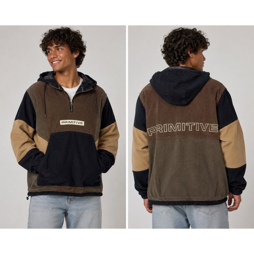 Primitive Corduroy Colorblock Hooded Pullover Jacket Men’s Small Brown Black Tan
